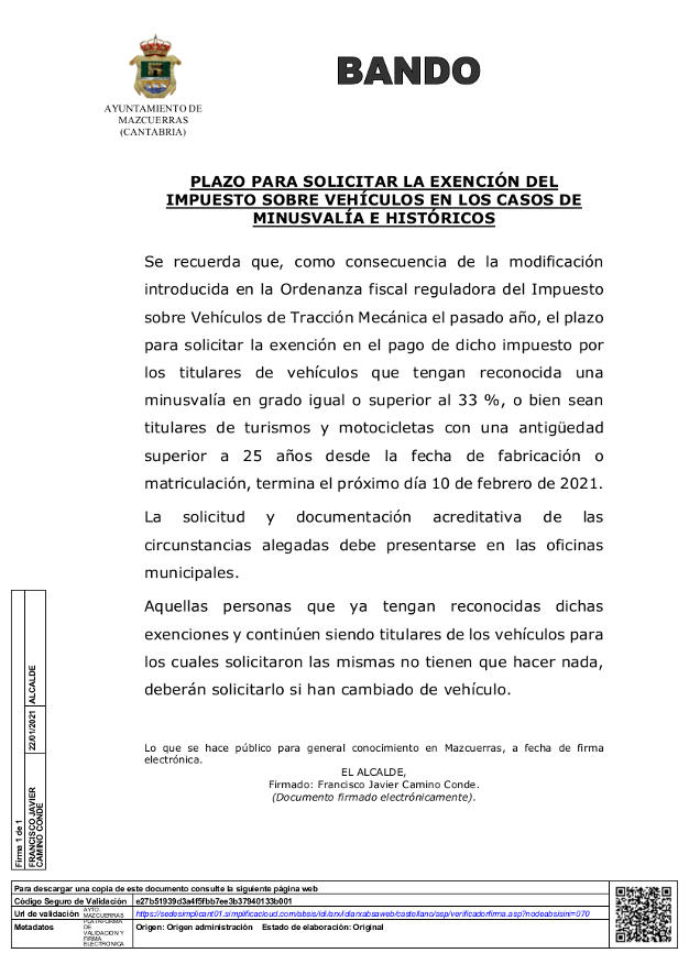 Bando: Fin del plazo para solicitar la exención del Impuesto sobre vehículos en los casos de minusvalía e históricos